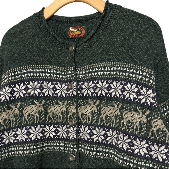Alps Vintage USA M Hunter Green Fair Isle Reindeer Snowflake Sweater Cardigan - Picture 1 of 7